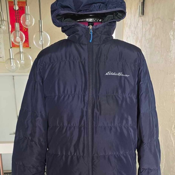 Eddie Bauer Channel Hooded Down Jacket - Navy Blue - Picture 1 of 5